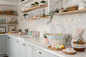 Kitchen interior with Easter decor and white counters
