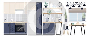 Kitchen interior elements constructor mega set in flat graphic design. Vector illustration