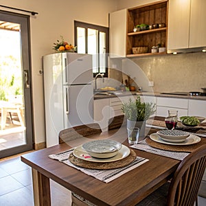 Dining Table in Kitchen with Fridge and Counter