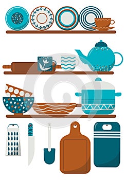 Kitchen interior in flat style with furniture. Blue and brown colors. Stock vector illustration, eps 10.