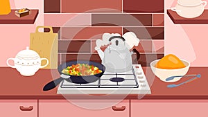 Kitchen interior with food cooking on heat of gas oven, boiling kettle, stir fry in pan