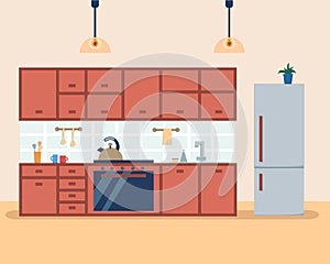 Kitchen interior with furniture and stove, cupboard, fridge and utensils. Flat cartoon style vector illustration.