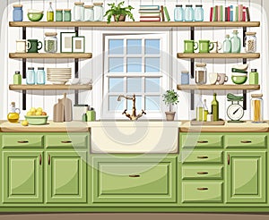 Kitchen interior with green cabinets, a sink, open shelves, a window and kitchenware. Vector illustration.