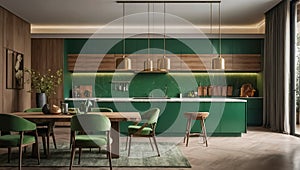 Kitchen interior in green color modern elegant beautiful indoor