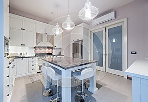 Kitchen Interior with Island, Sink,Tiled Floors in New