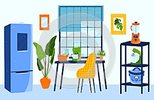 Kitchen interior with modern appliances vector illustration, cartoon flat kitchen room with fridge, table chair