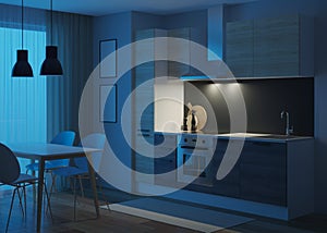 Kitchen interior in a modern style. Night. Evening lighting.