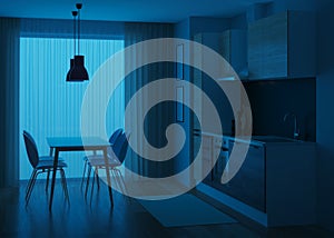 Kitchen interior in a modern style. Night. Evening lighting.