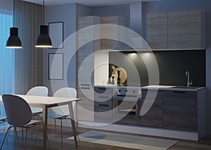 Kitchen interior in a modern style. Night. Evening lighting.