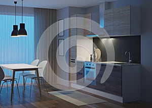 Kitchen interior in a modern style. Night. Evening lighting.