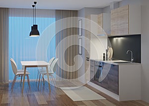 Kitchen interior in a modern style. Night. Evening lighting.