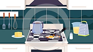 Kitchen interior with morning food cooking on gas oven, fried egg in pan and coffeepot