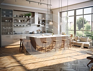 Kitchen Interior in New Upscale Residence with Island, Sink, Cabinetry, and Hardwood Flooring. Showcases Sophisticated