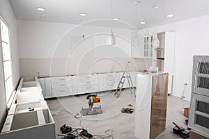 Kitchen interior with newly installed furniture