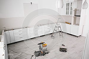 Kitchen interior with newly installed furniture