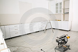 Kitchen interior with newly installed furniture