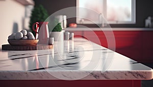 Kitchen interior with red and white marble countertop. 3d render