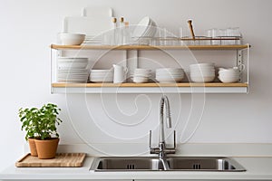 Kitchen interior with sink and shelves