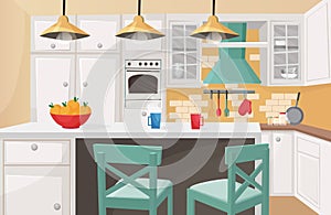 Kitchen interior in traditional design flat cartoon vector illustration. Cozy atmosphere, brick decorated wall, cute