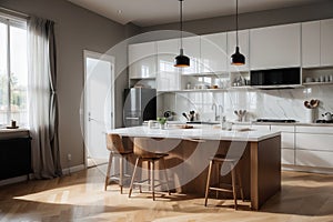 Kitchen interior with unusual white cabinet design, having simplistic upper part, two pendant lamps and a wooden dining table with