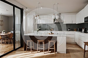 Kitchen interior with unusual white cabinet design, having simplistic upper part, two pendant lamps and a wooden dining table with