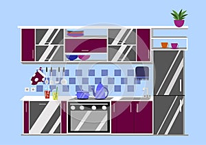 Kitchen interior vector illustration. Cartoon flat style