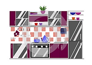 Kitchen interior vector illustration. Cartoon flat style