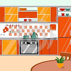 Kitchen interior vector illustration. Cartoon flat style