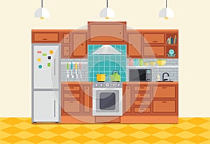 Kitchen interior vector illustration. Flat design furniture and