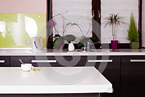 Kitchen interior with white tabletop