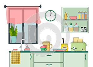 Kitchen interior with window and cooking products. Vector flat linear illustration.