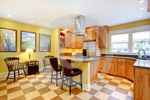 KItchen interior. Yellow walls and pleated floor