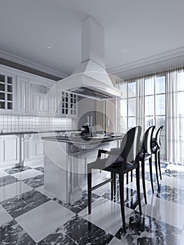Kitchen island in black and white art deco kitchen with chess floor