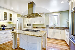 Kitchen island with built-in stove, granite top and hood