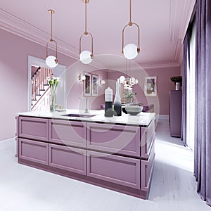 Kitchen island lilac color in trendy country style with light over and decor