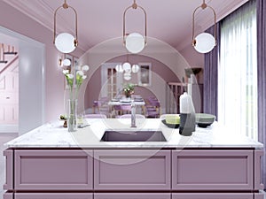 Kitchen island lilac color in trendy country style with light over and decor