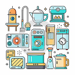 Kitchen items and appliances in colorful, clean design