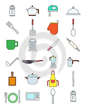 Kitchen items variegated vector icons set