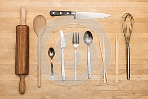 Kitchen items on wooden table