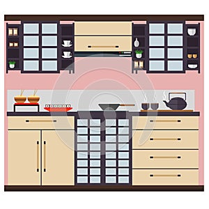 Kitchen in the Japanese style with cupboards  shelves and cooking utensils. Vector illustration