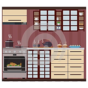 Kitchen in the Japanese style with cupboards  shelves and cooking utensils. Vector illustration