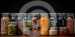 Kitchen jars filled with bulk foods and products, concept of Food storage