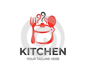 Kitchen, kitchenware, saucepan, fork and spoon logo design. Cooking eat, food and restaurant, vector design