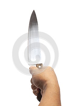 Kitchen knife in a man& x27;s hand, isolated on white background.