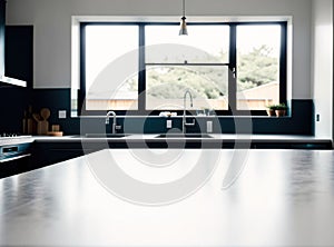 A kitchen with a large island in the center of the room.