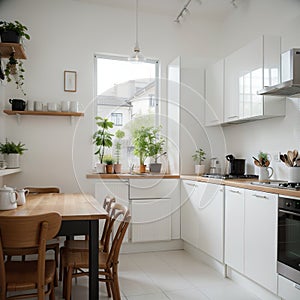 Kitchen with light walls white furniture and shelves with crockery and plants in pots small refrigerator in dining room