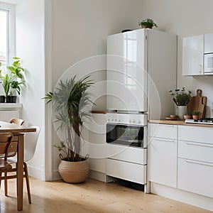 Kitchen with light walls white furniture and shelves with crockery and plants in pots small refrigerator in dining room