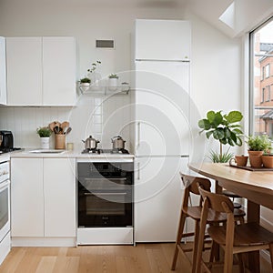 Kitchen with light walls white furniture and shelves with crockery and plants in pots small refrigerator in dining room