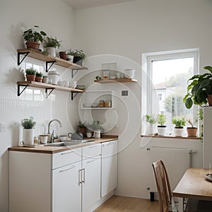 Kitchen with light walls white furniture and shelves with crockery and plants in pots small refrigerator in dining room