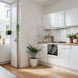 Kitchen with light walls white furniture and shelves with crockery and plants in pots small refrigerator in dining room